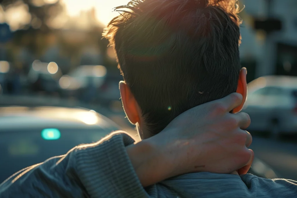 A person carefully checking their neck and arms for injuries after a minor car accident