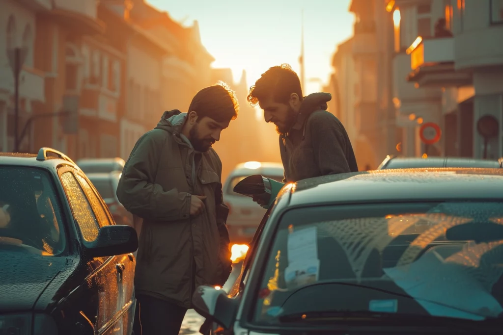 Two drivers calmly exchanging information such as insurance details and license plate numbers after a minor car accident Ontario