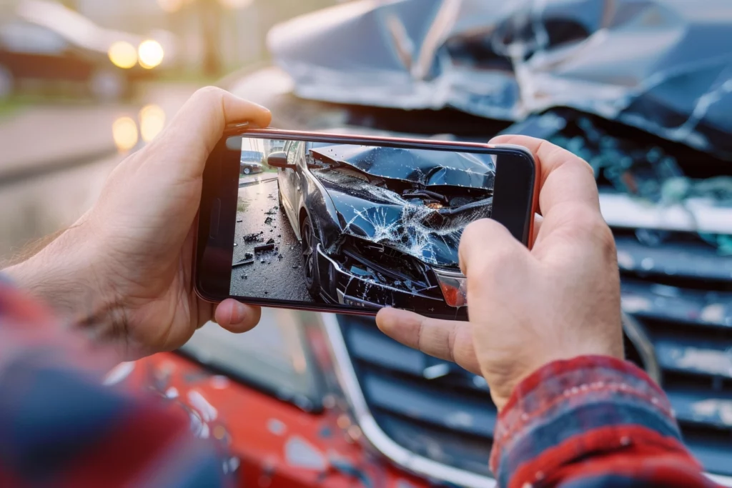 A person taking close-up photos of the damage to their car with their phone after a minor car accident Toronto
